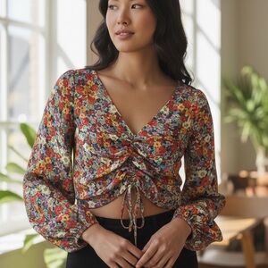 H&M | Floral Boho Top- Cinch Drawstring Front- Balloon Sleeves- Romantic
